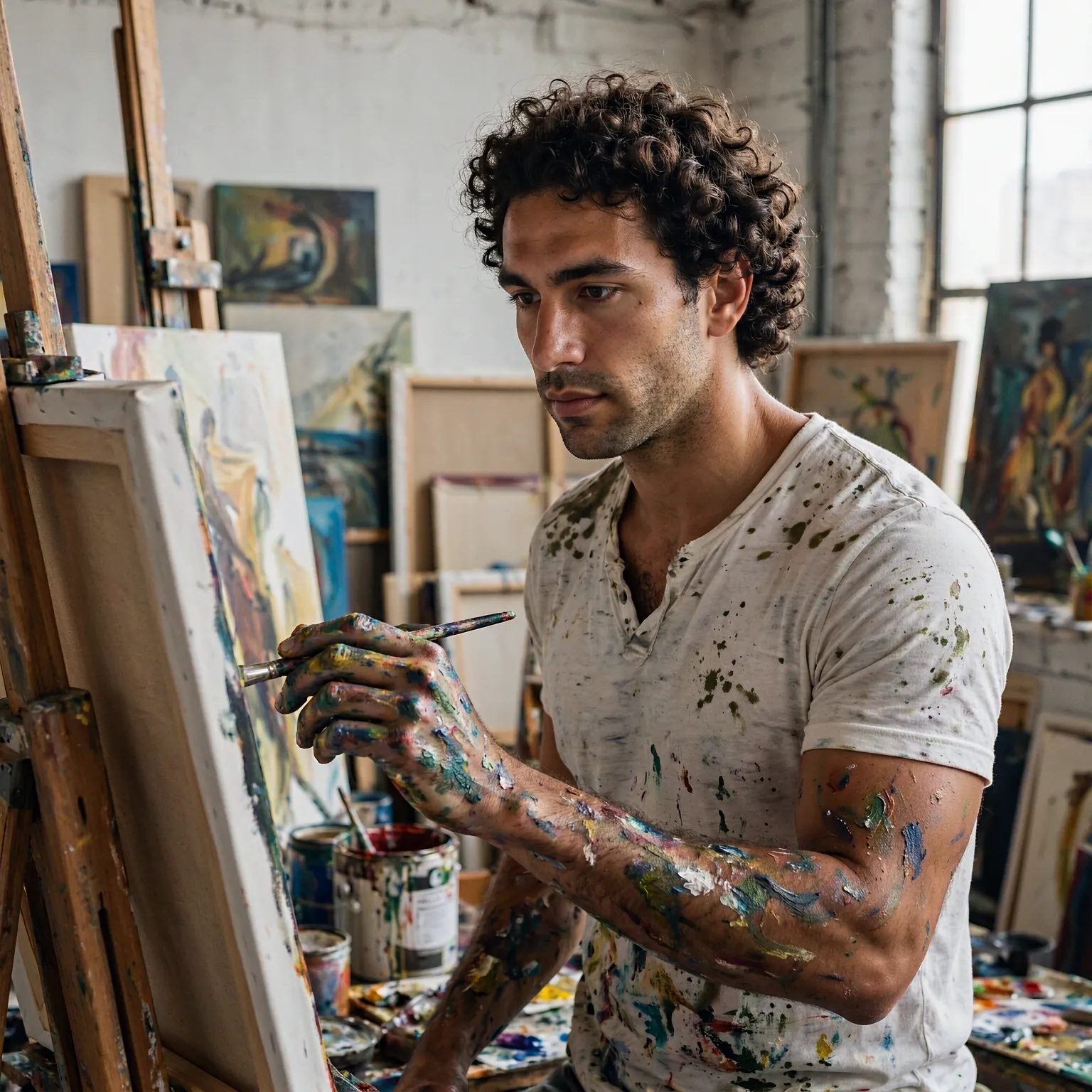 Paint-splattered studio, mid-painting chaos, colors mixed like my mood. #art #painting #studio