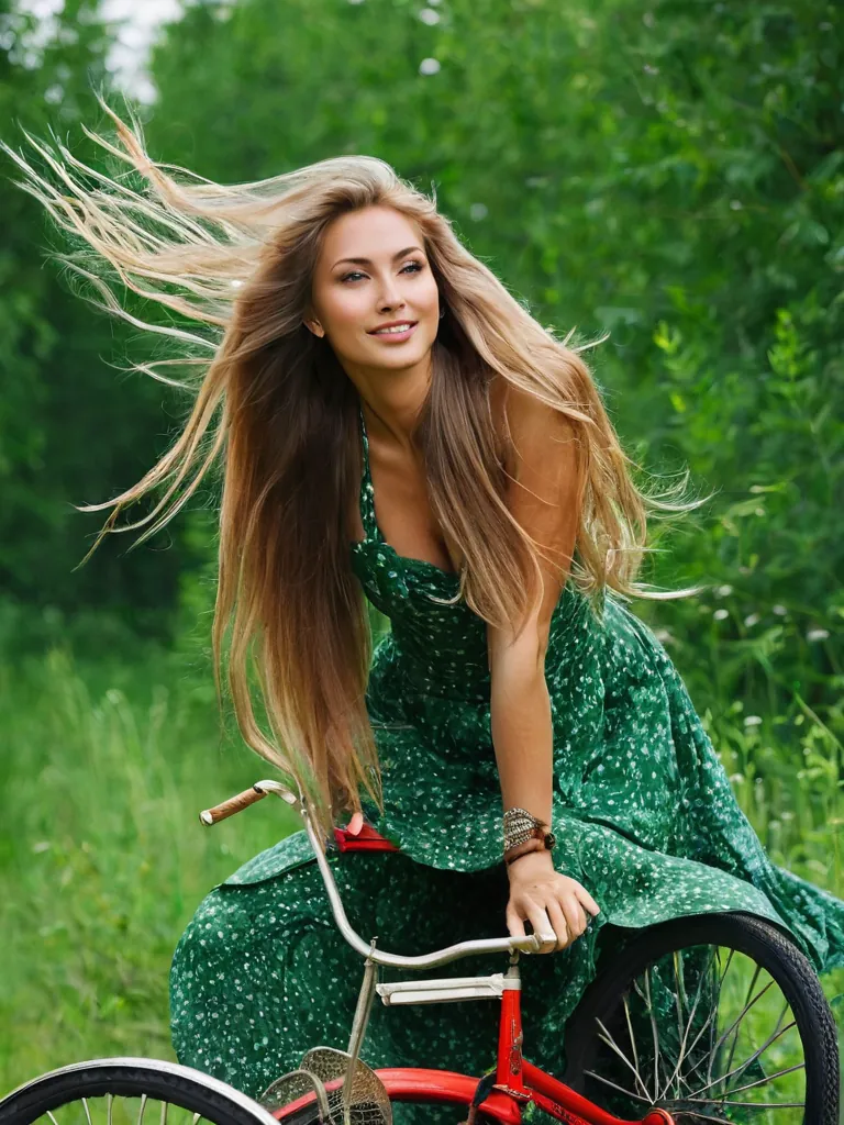 I stand beside a vintage Russian tricycle, my long hair catching the wind as I lean forward playfully, eyes sparkling wi