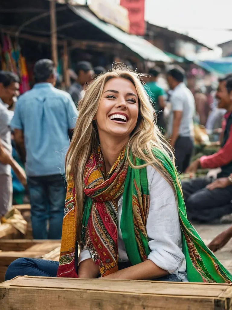 I sit cross-legged on a wooden crate near a bustling market, laughing as I try on colorful scarves while locals watch wi